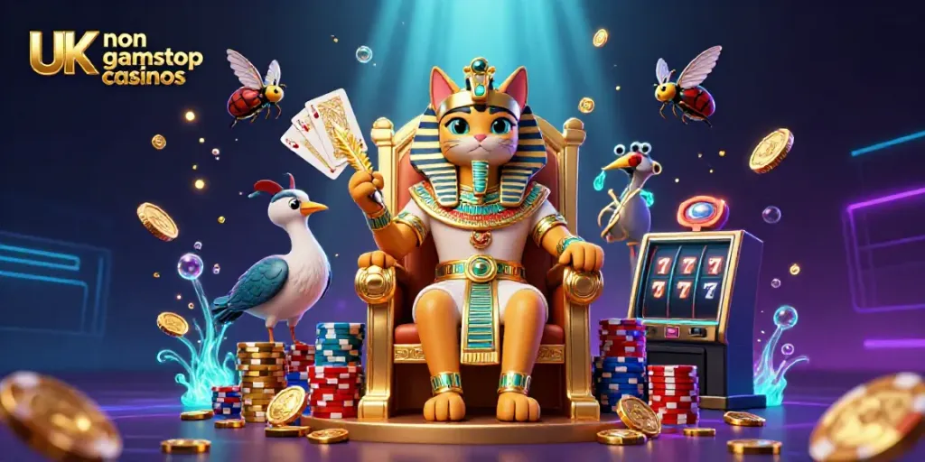 Engaging illustration of UK non gamstop casinos featuring Egyptian pharaoh cat, glowing gems, and vibrant casino elements.