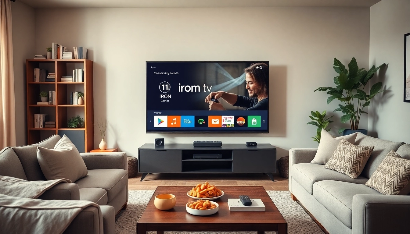 View of a stylish living room featuring iron tv on a flat-screen display.