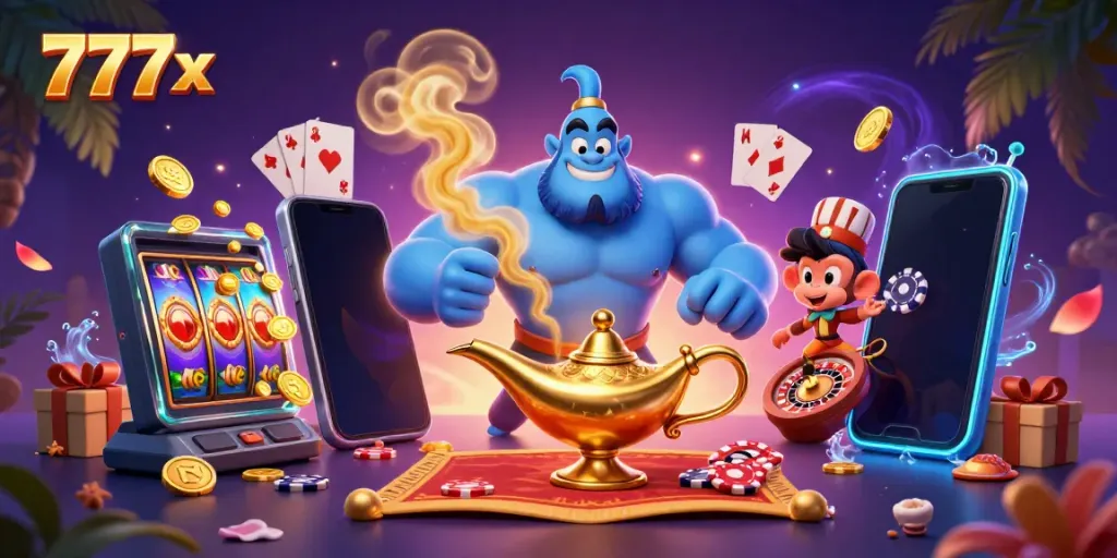 Win big with 777x in this lively casino scene featuring magical elements and vibrant gameplay.