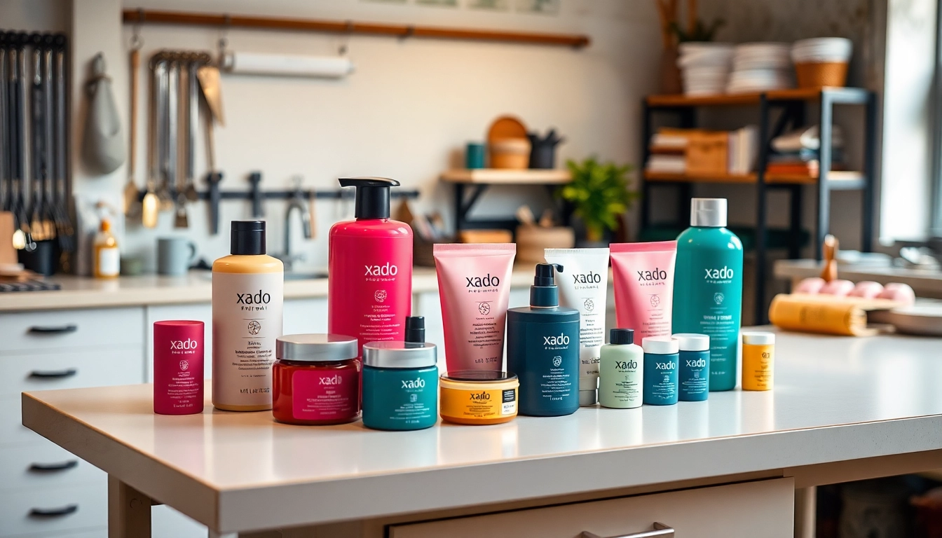 Xado priedai products arranged neatly, showcasing their unique packaging and features.