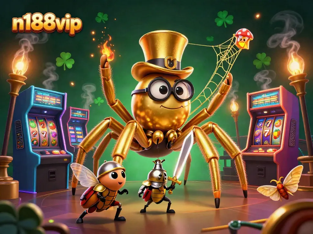 Engage in thrilling n188vip casino games featuring a golden tarantula, knight, and vibrant game elements.