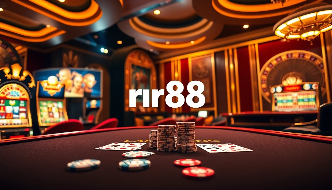 Experience rr88 đăng nhập at a luxurious online casino with vibrant slot machines and poker tables.