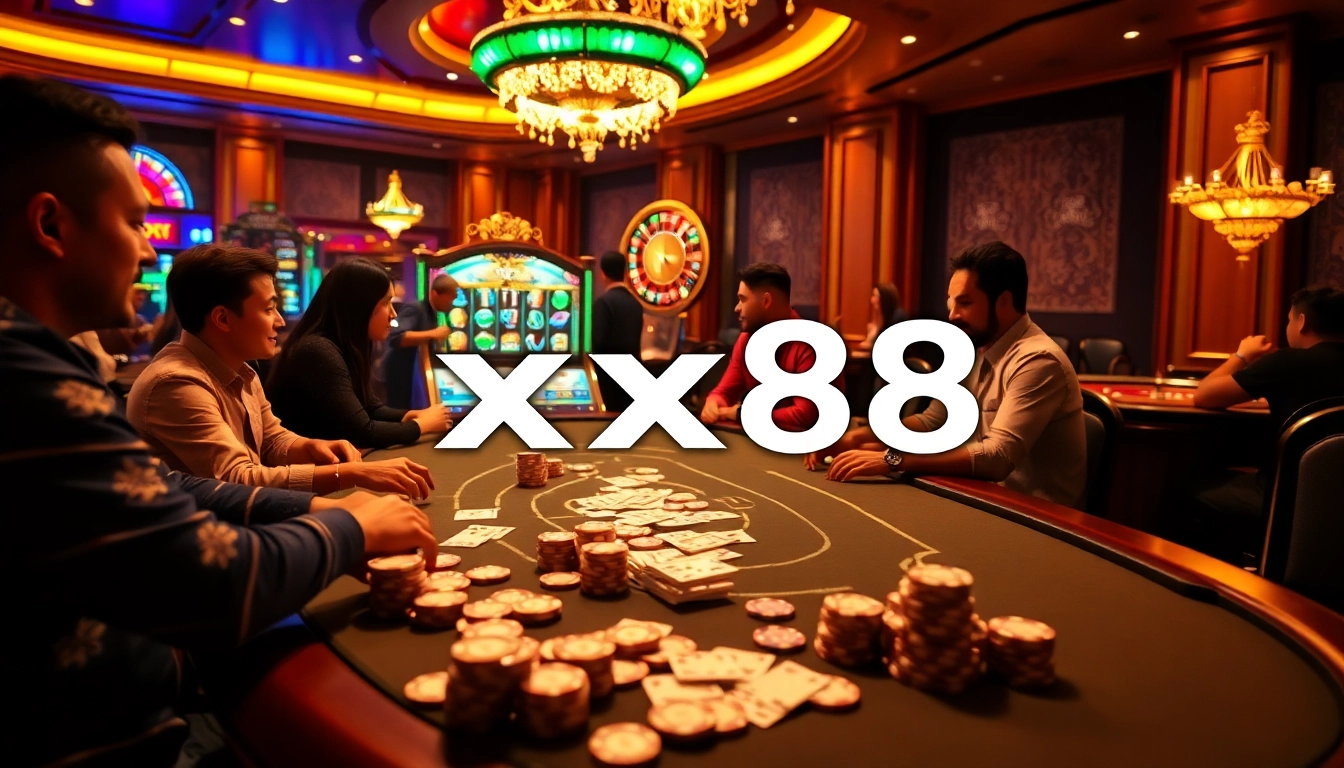Action-packed scene of gamblers at a poker table in a luxurious casino, showcasing xx88's vibrant atmosphere.