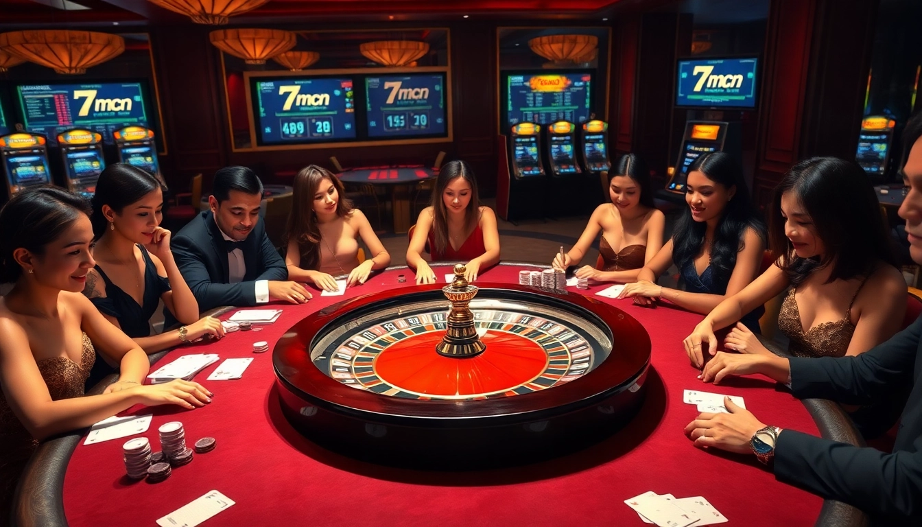 Immerse in the excitement of gambling at 7mcn, with vibrant poker tables and thrilling roulette wheels in a luxurious casino setting.