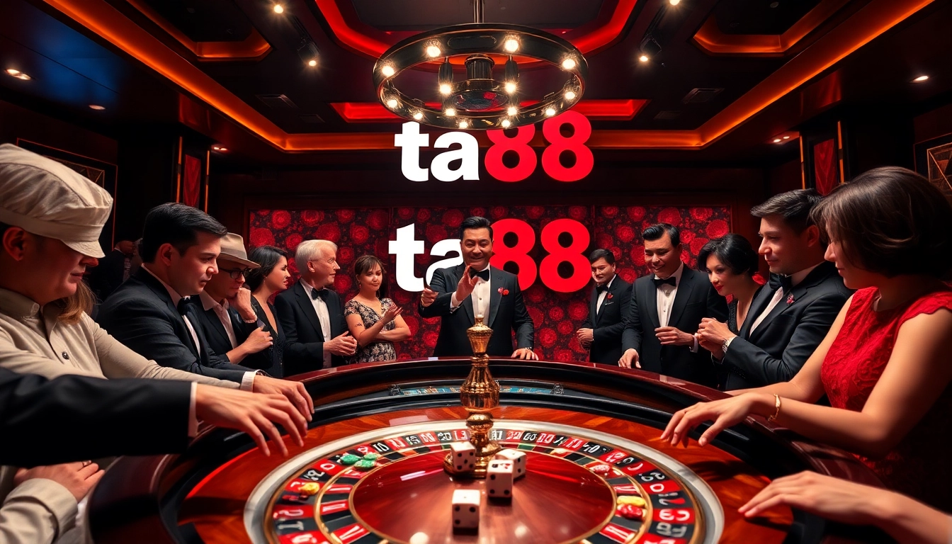 Exciting ta88 casino scene with players at a roulette table and vibrant chips.