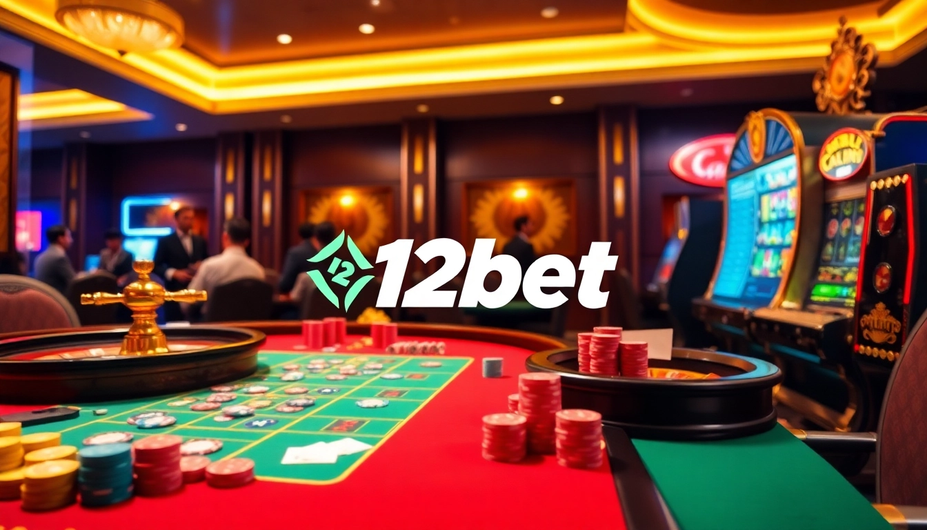 Experience the thrilling atmosphere of a casino with 12bet betting on tables, featuring vibrant chips and cards.