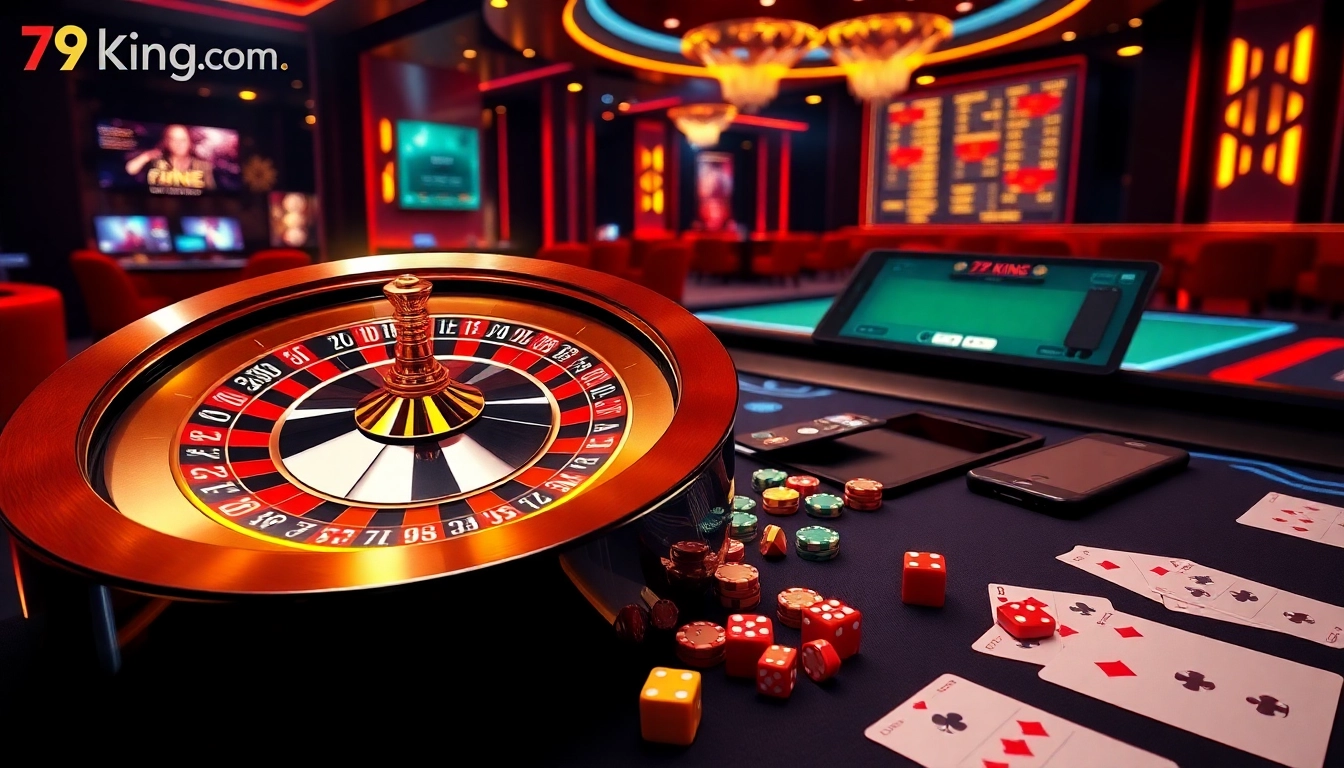Engage with thrilling games at 79king.com, featuring a vibrant casino scene of roulette, cards, and chips.