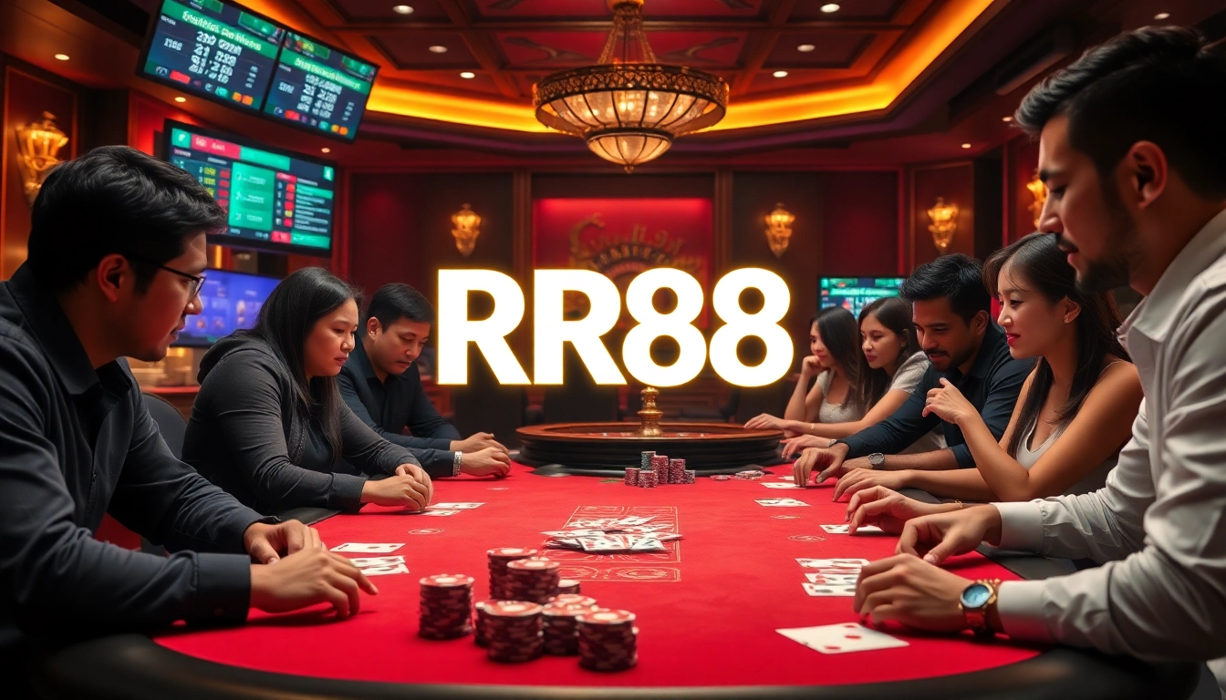 Experience rr88 đăng nhập within a luxurious casino setting featuring poker chips and a roulette wheel.
