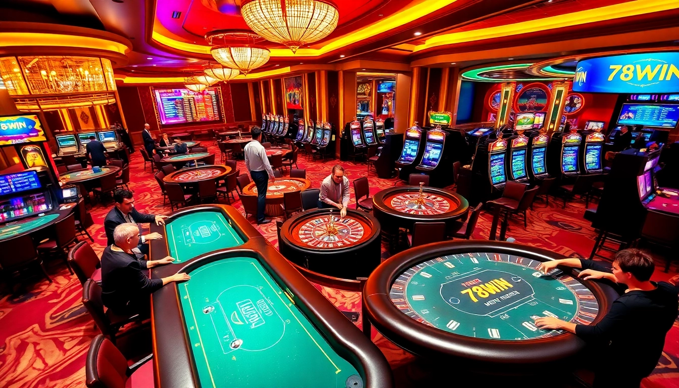Experience thrilling gaming action at 78WIN with poker tables and slot machines.
