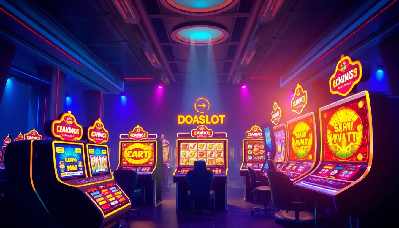 Exciting doaslot online gaming scene with vibrant interfaces and jackpot graphics.