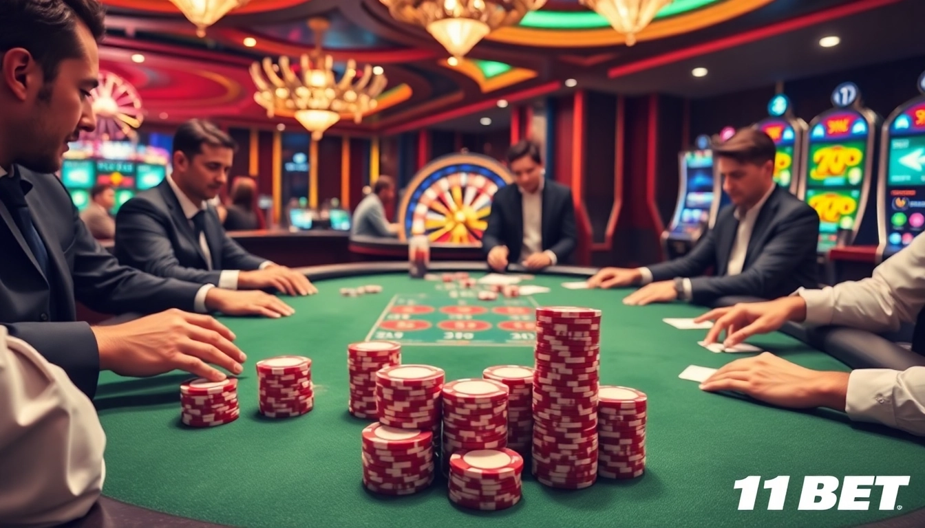 Experience high-stakes action at an 11BET poker table with vibrant casino elements.