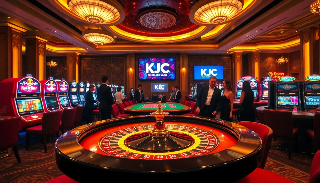 KJC casino experience showcasing roulette, vibrant slot machines, and elegant players.
