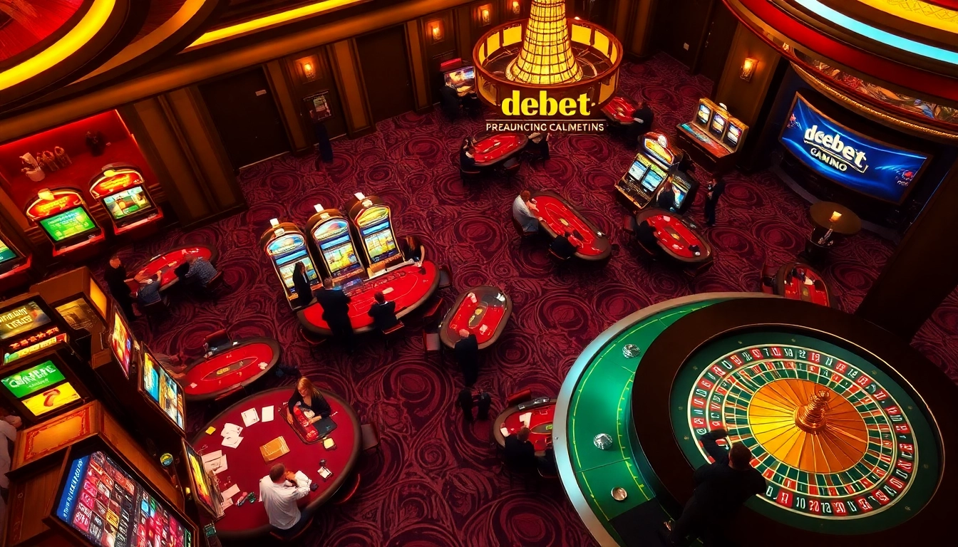 Players enjoying exciting casino games like poker and roulette at debet-themed tables and machines.