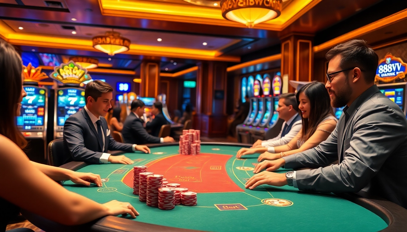 Experience the excitement of 88vv at a luxurious casino gaming table with vibrant action and engaging players.