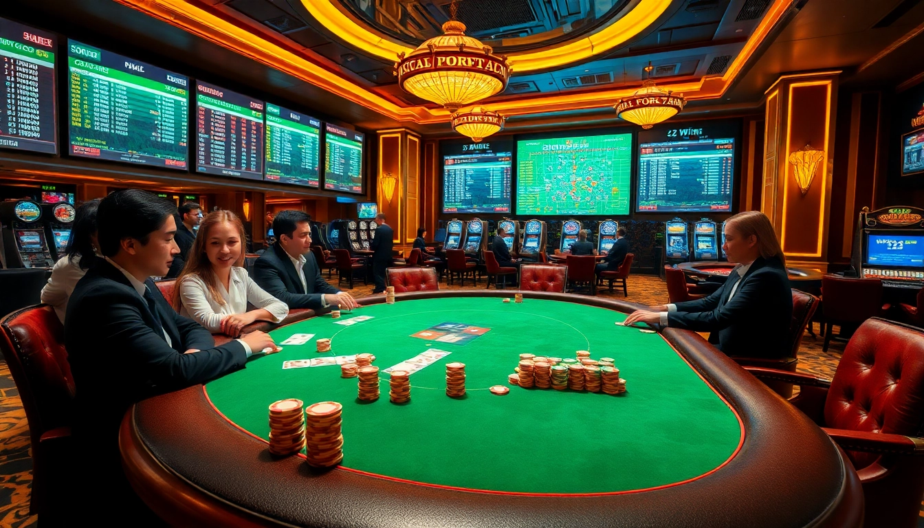 Experience the excitement of 32Win at a luxurious casino with poker tables and vibrant betting screens.