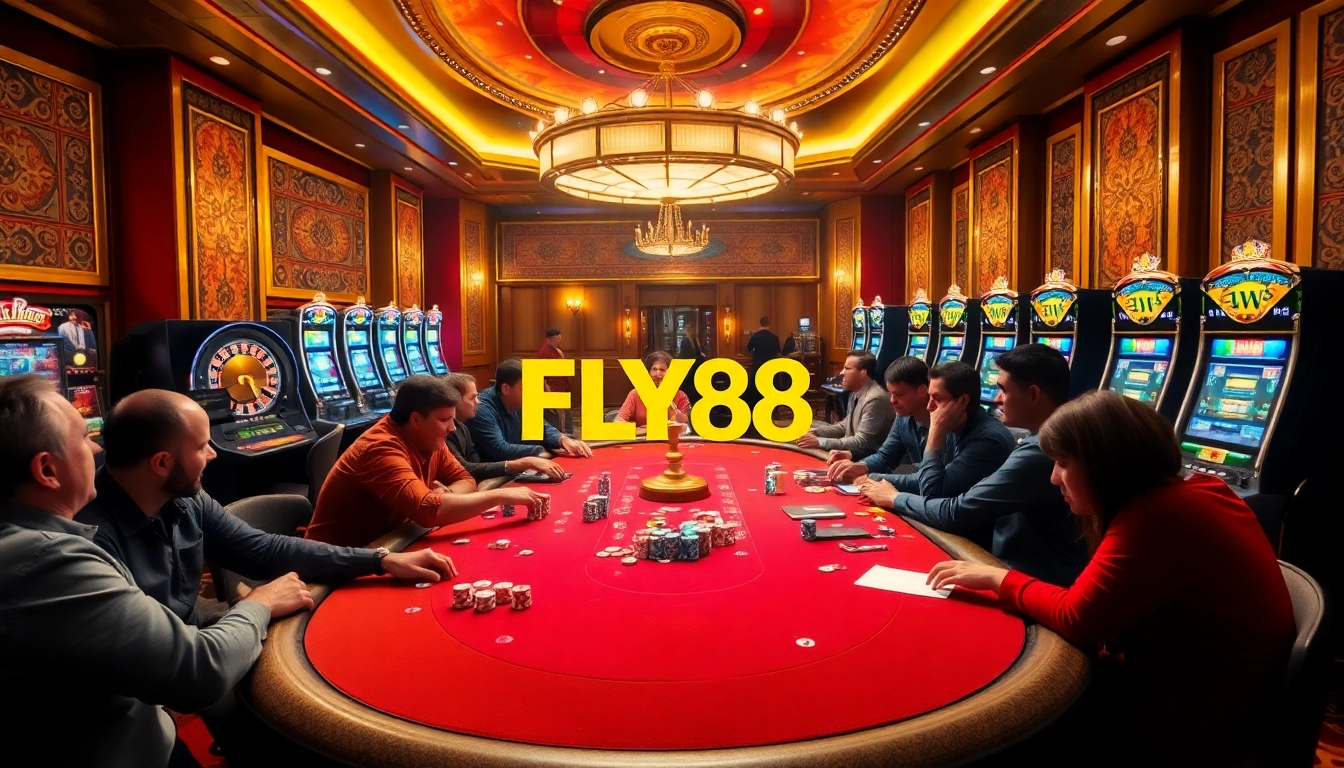 Players engaged in a thrilling poker game at FLY88 casino, surrounded by vibrant lights and luxury.