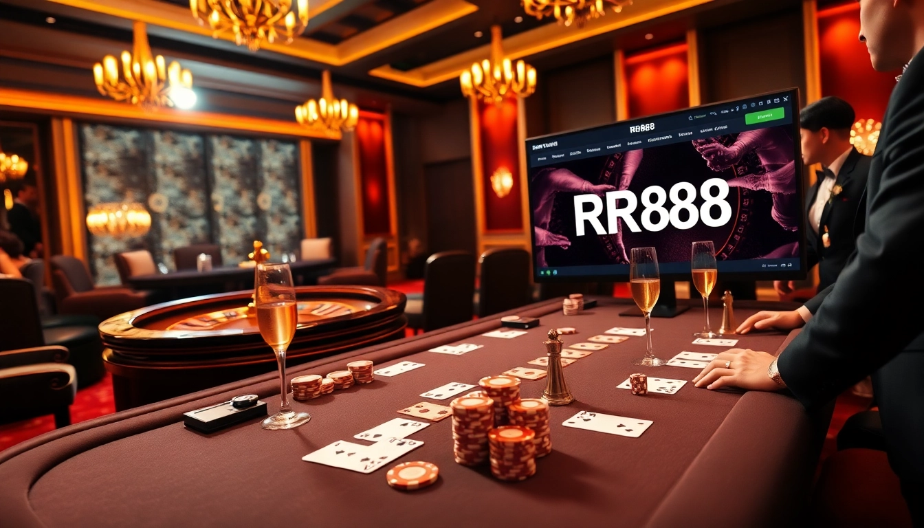 High-stakes poker action at RR88 casino table with luxury atmosphere.