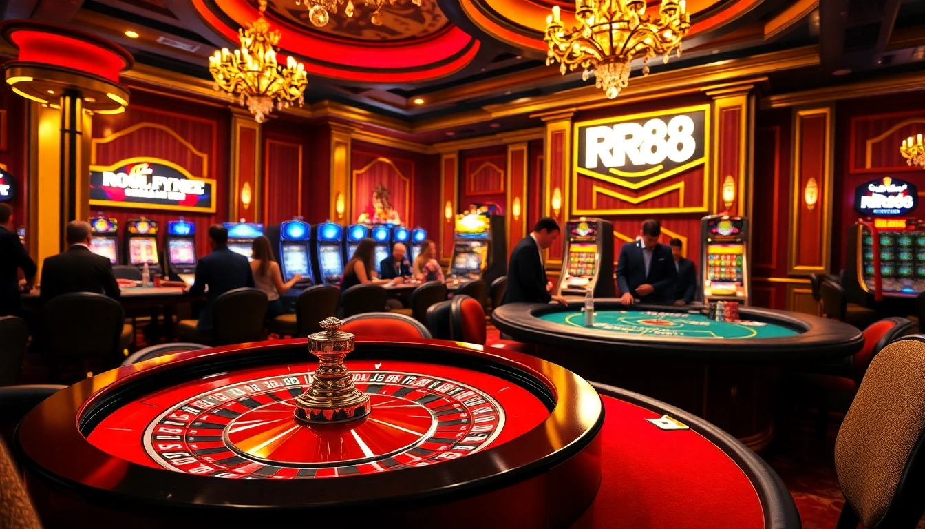 Experience the excitement of RR88 casino with players enjoying poker and roulette surrounded by vibrant decor.