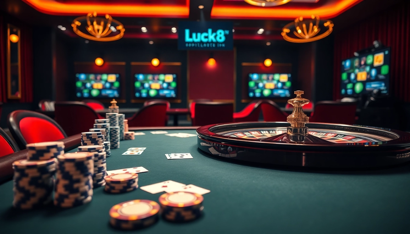 A luxurious casino experience at Luck8 with poker chips, playing cards, and a roulette wheel.