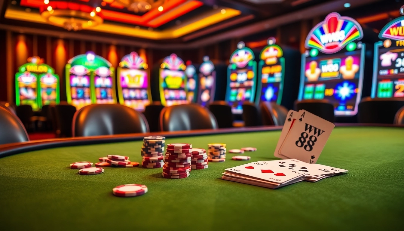 Experience thrilling gameplay at ww88 casino with vibrant poker chips and illuminated slot machines.