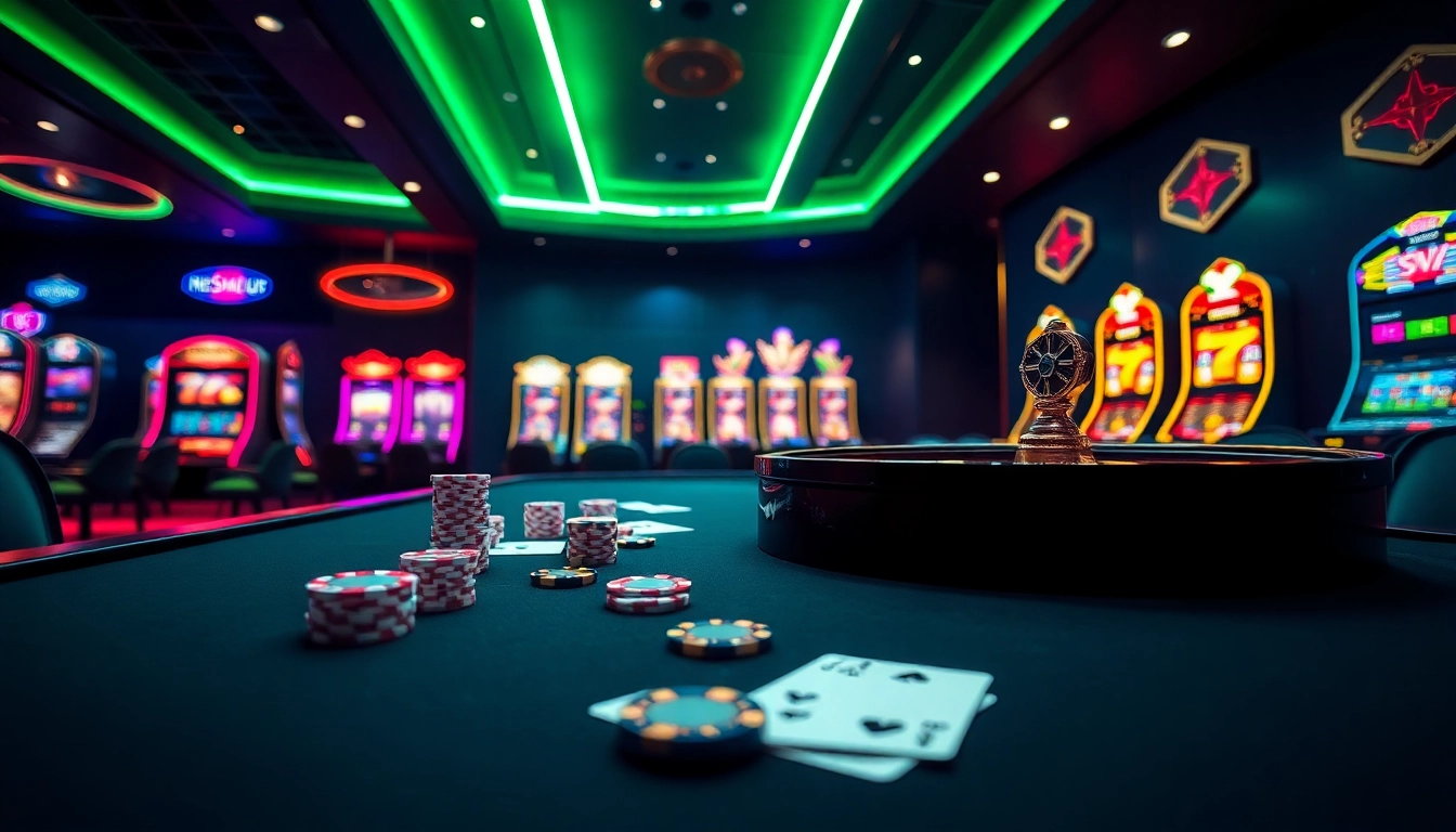 Engage in an exhilarating casino experience with Sv88us, showcasing poker chips and a vibrant roulette wheel.