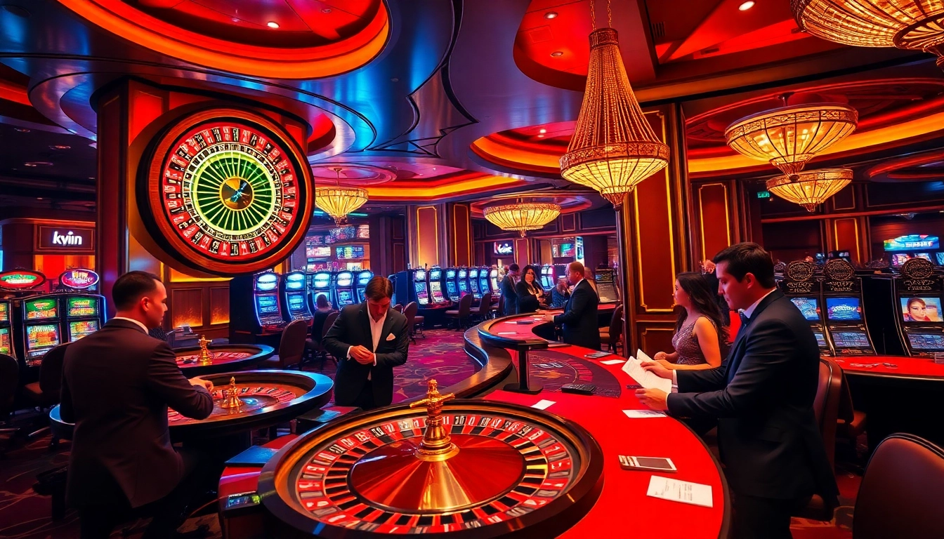 Kwin casino scene featuring players strategizing at gaming tables and an elegant roulette wheel.