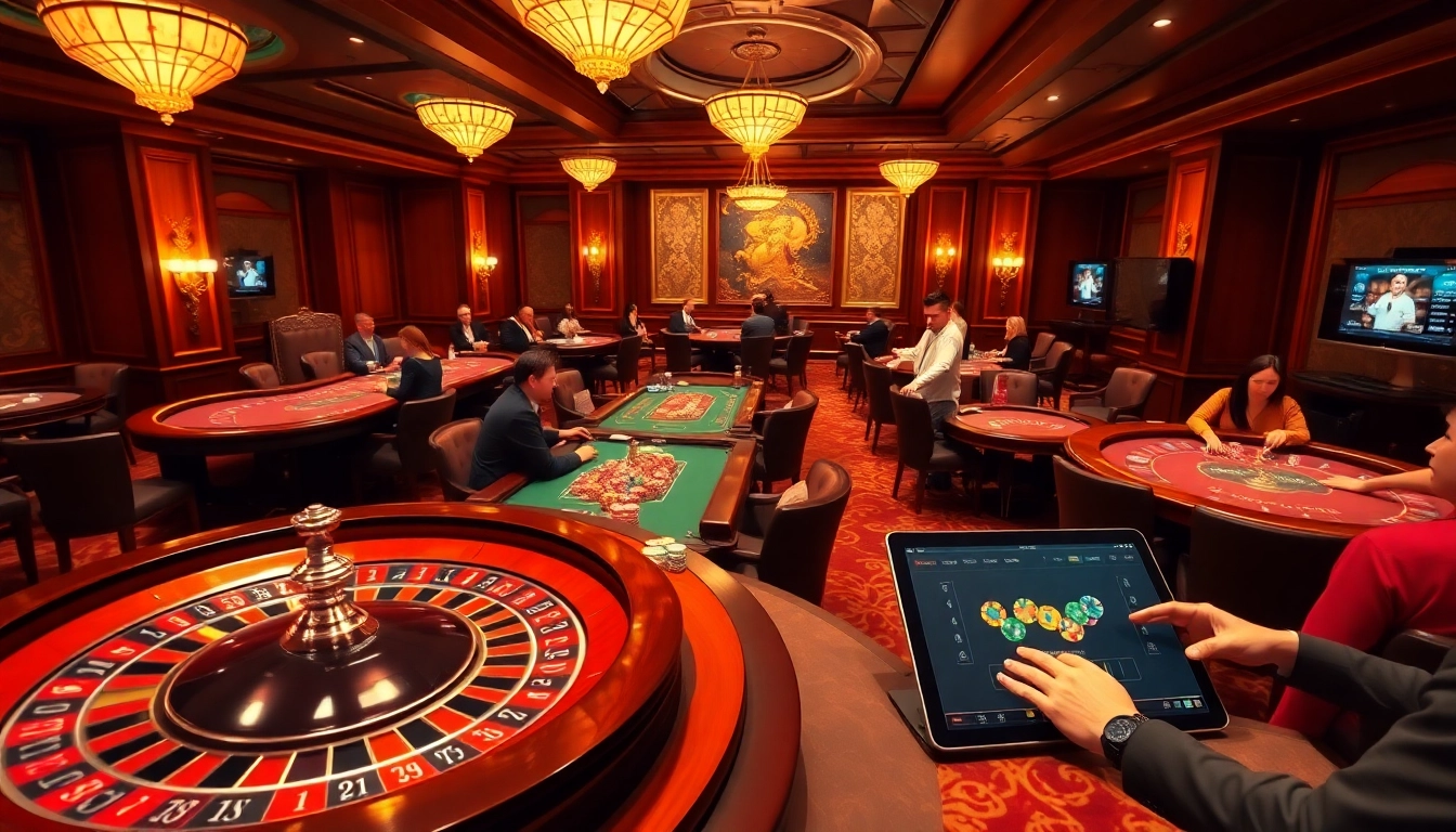 Engaging scene at a luxurious casino with players enjoying card games, featuring rikvip nhà cái activities and excitement.
