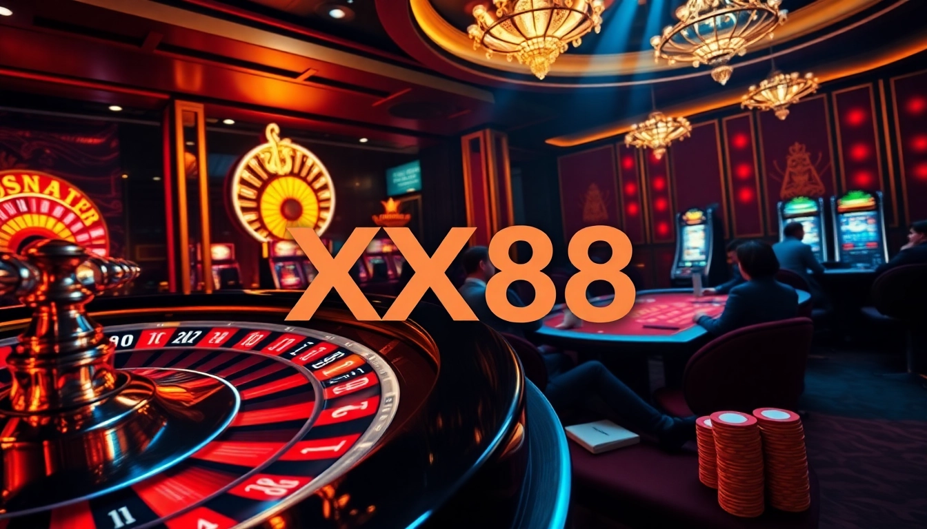 Experience the thrill of gambling with XX88 at a luxurious casino featuring vibrant slot machines and poker tables.