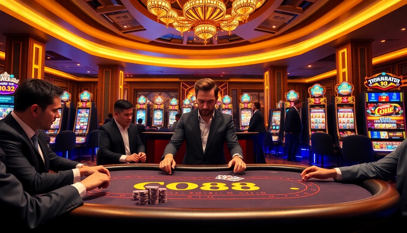 Players enjoying an exciting game at GO88 casino table with vibrant slot machines.