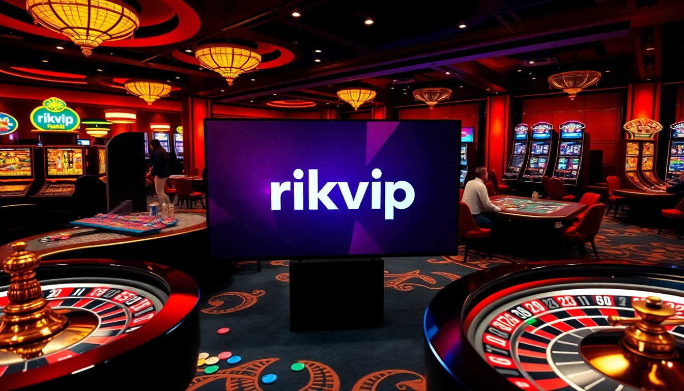 Engaging players at a glamorous casino featuring rikvip's online gambling interface with vibrant tables and roulette wheels.