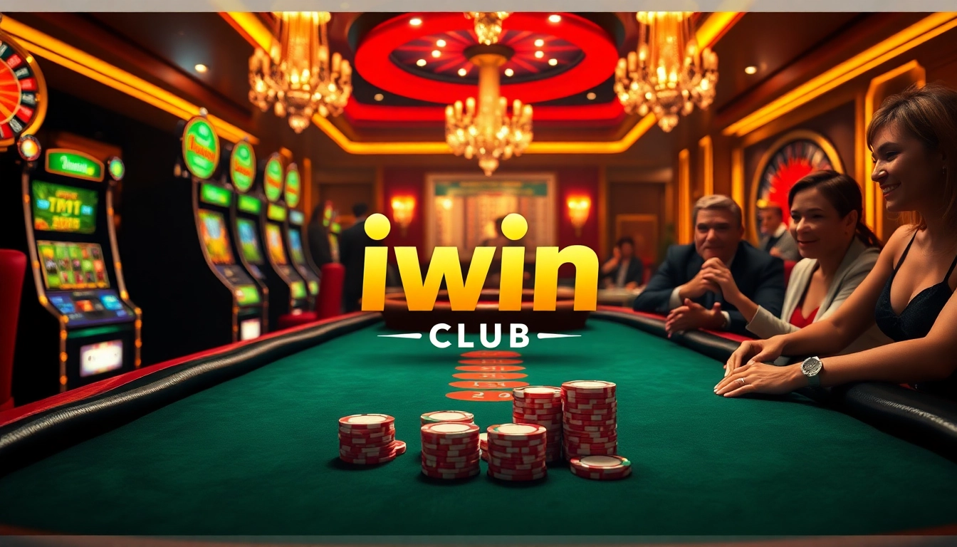 Players enjoying a thrilling game at the iwin club casino with sparkling lights and vibrant poker chips.
