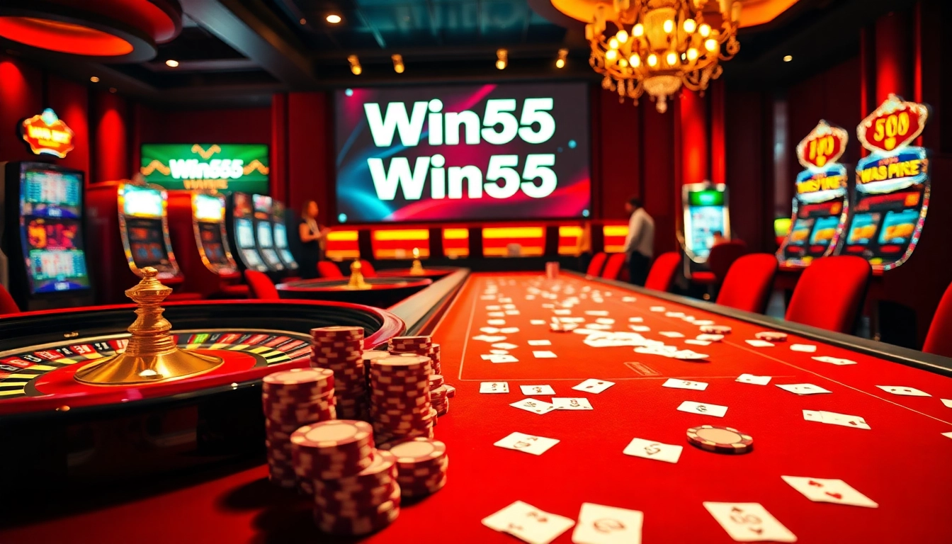 Engaging casino scene featuring Win55 with poker chips, cards, and a lively atmosphere.
