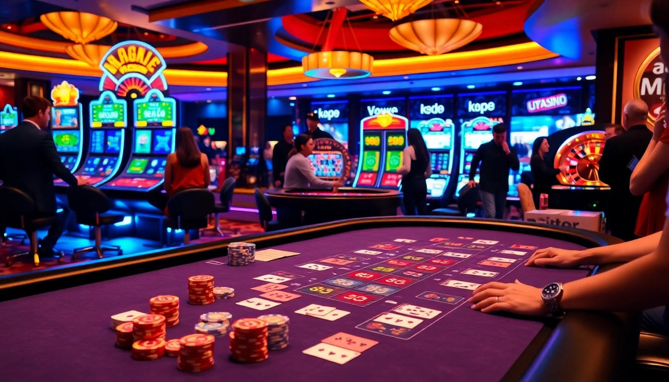 Engage in thrilling games at KJC xx88 casino with vibrant slot machines and blackjack tables.