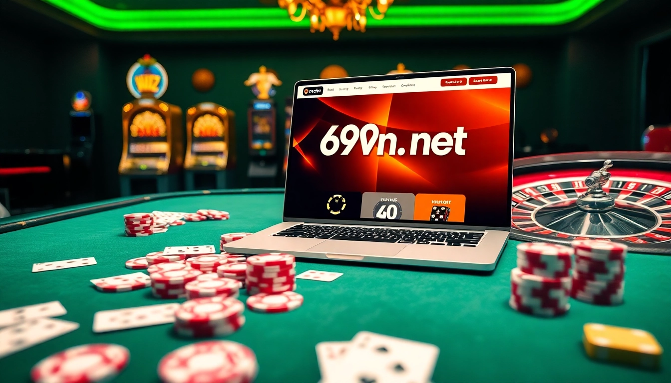 Engaging online casino scene with 69vn.gb.net showcasing poker and slots, evoking excitement.