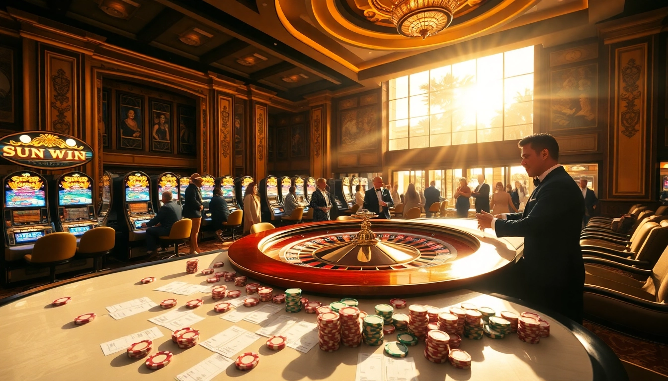 Experience the thrill of "sun win" at an elegant casino with a bustling roulette table.
