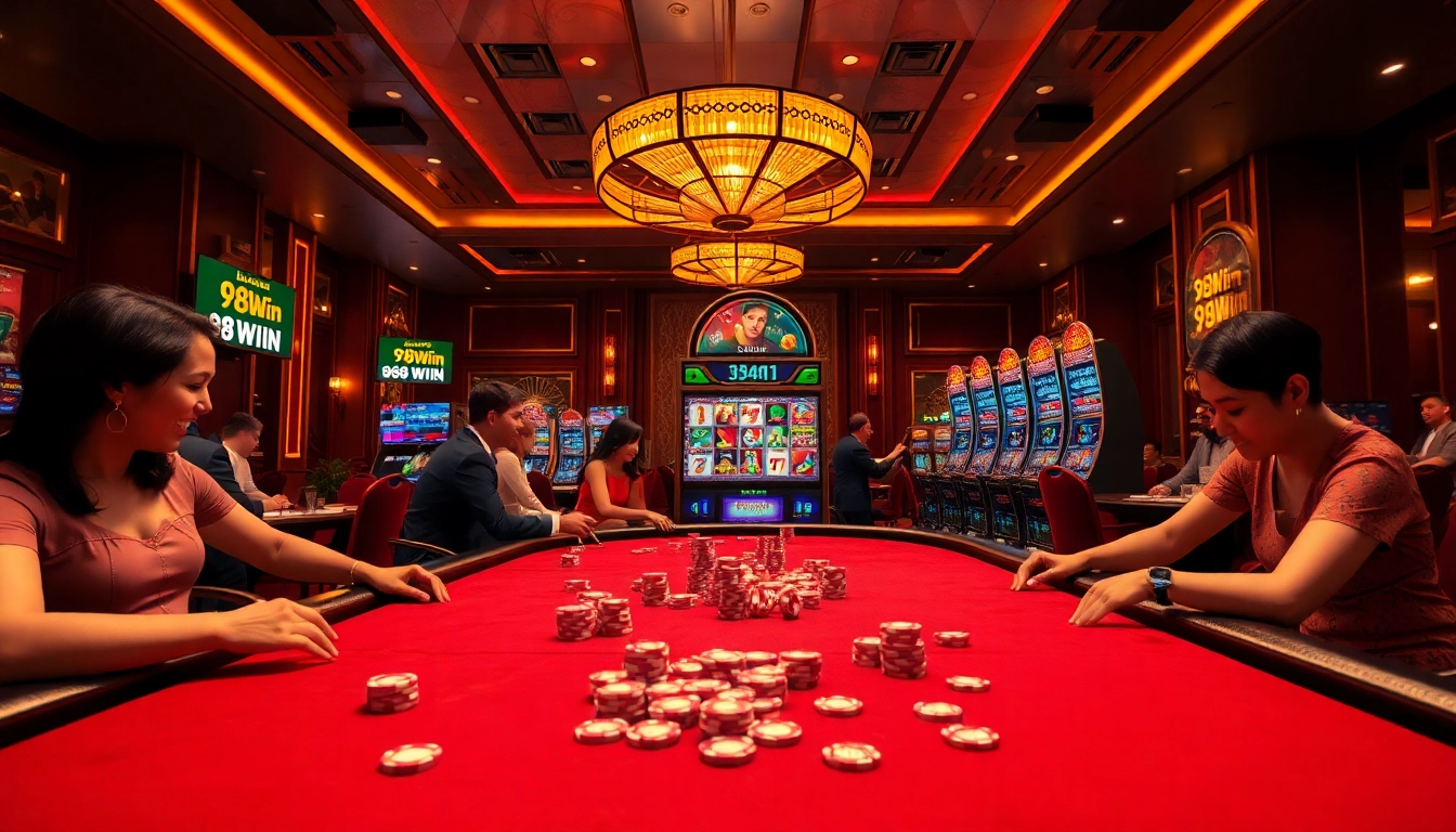 Players engaging in thrilling games at 98Win's luxurious casino with vibrant ambiance.