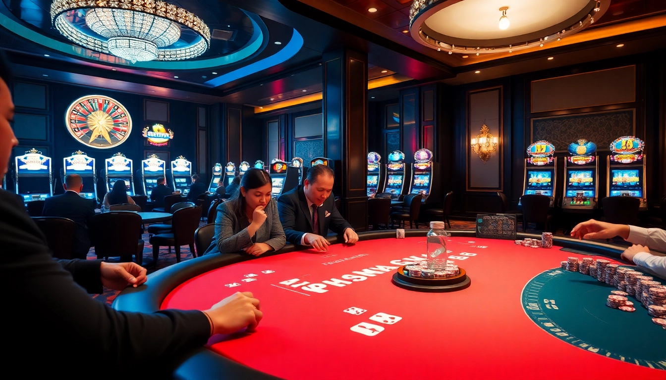 Experience five88 excitement as players enjoy a vibrant casino scene featuring a poker table and roulette.