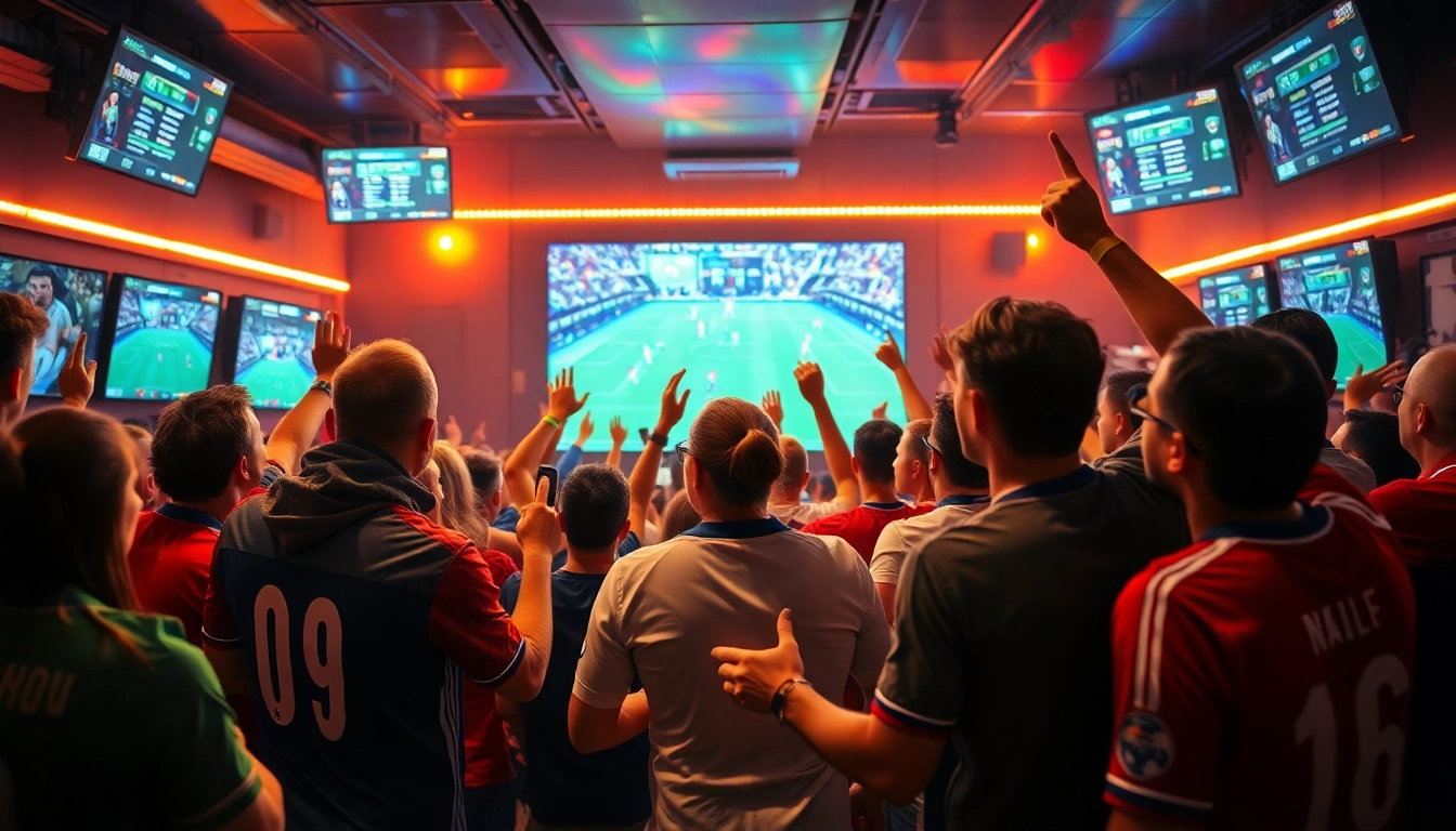Exciting scene of football fans at a sports bar, highlighting vaoluoitv.it.com experience with live matches.
