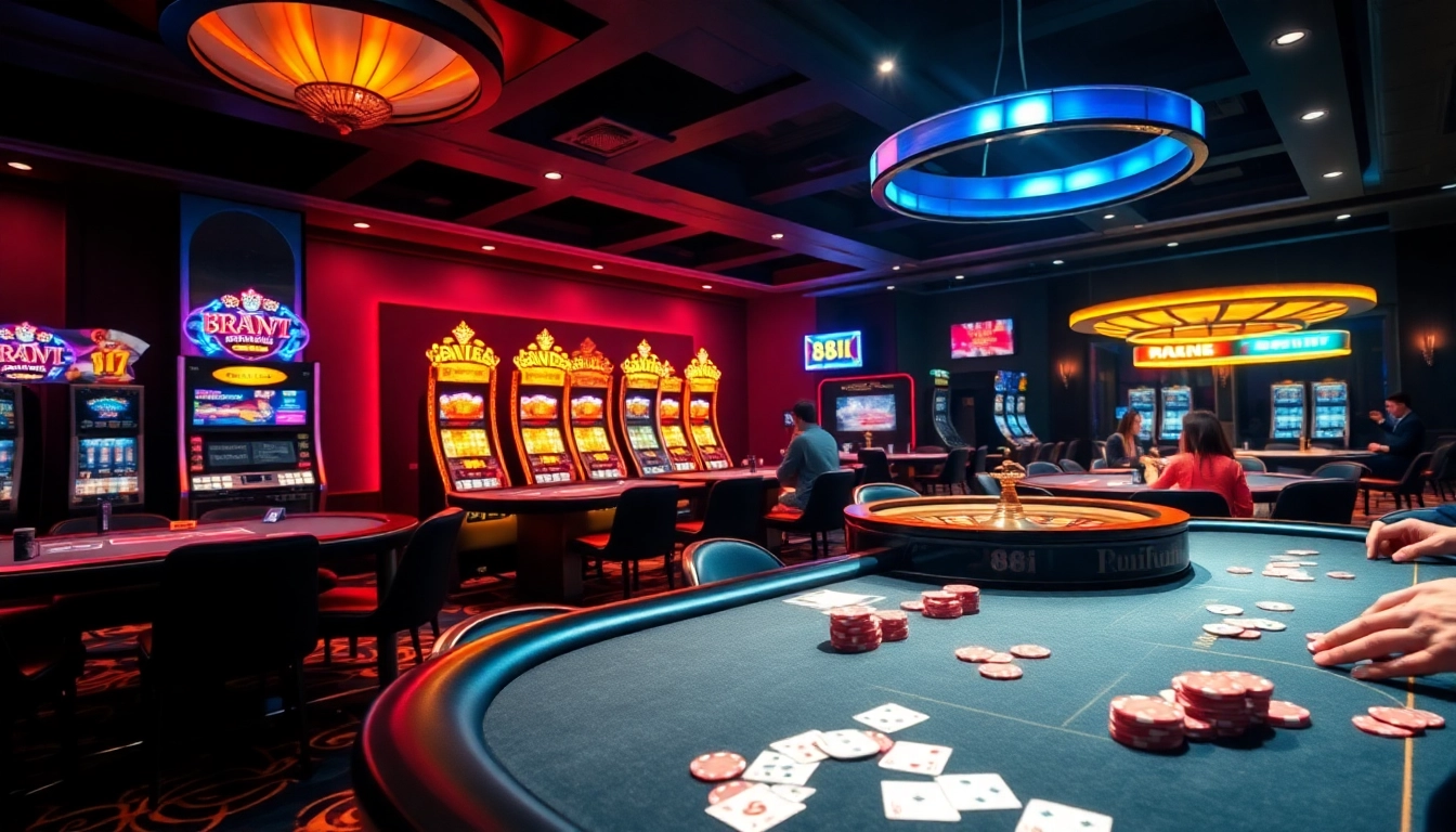 Engaged players at poker tables surrounded by high-stakes excitement in a luxurious casino featuring 88i.