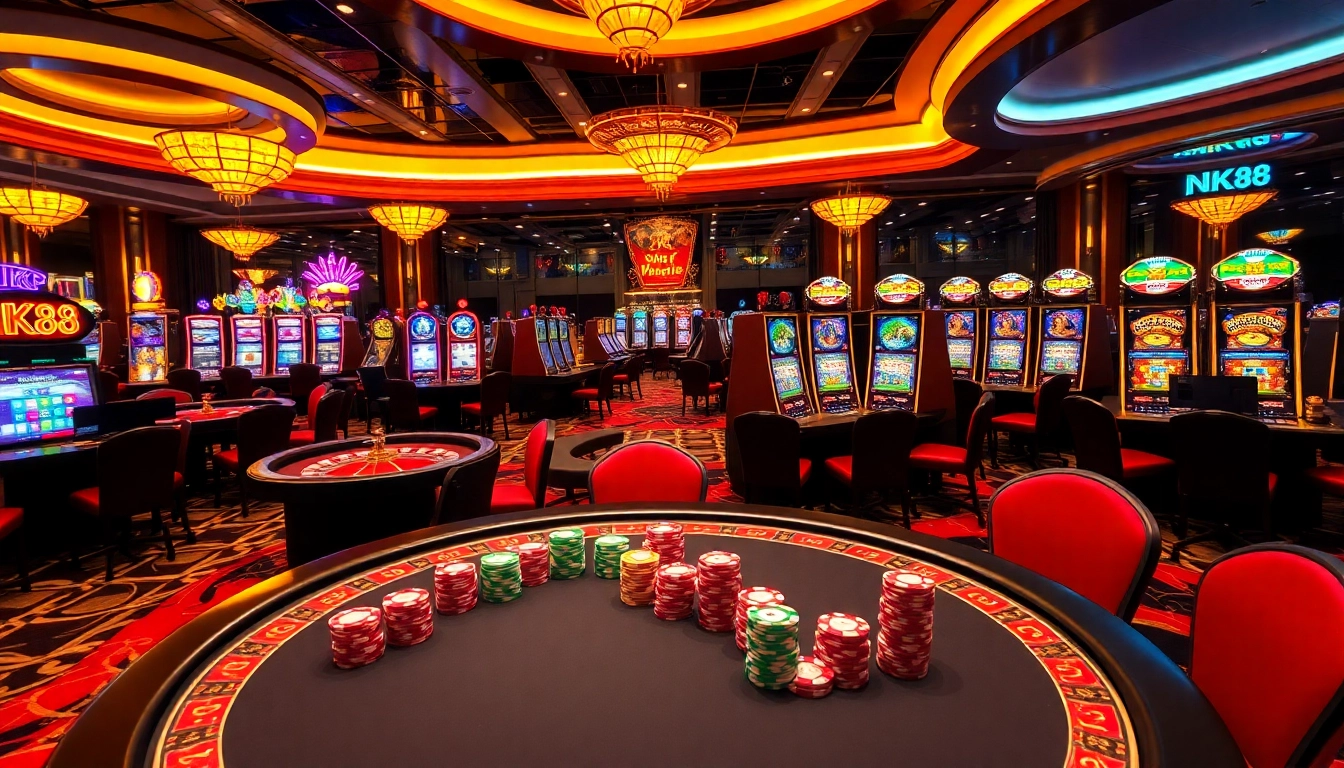 Experience the thrill of NK88 in a vibrant casino scene with poker chips and roulette wheels.