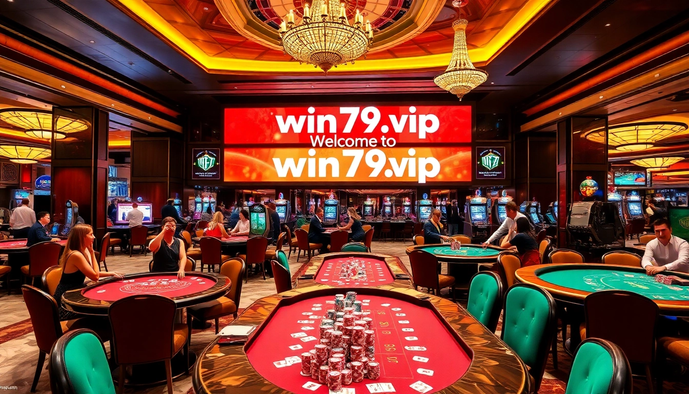 Experience luxury gambling at win79.vip with vibrant casino tables and excited players.