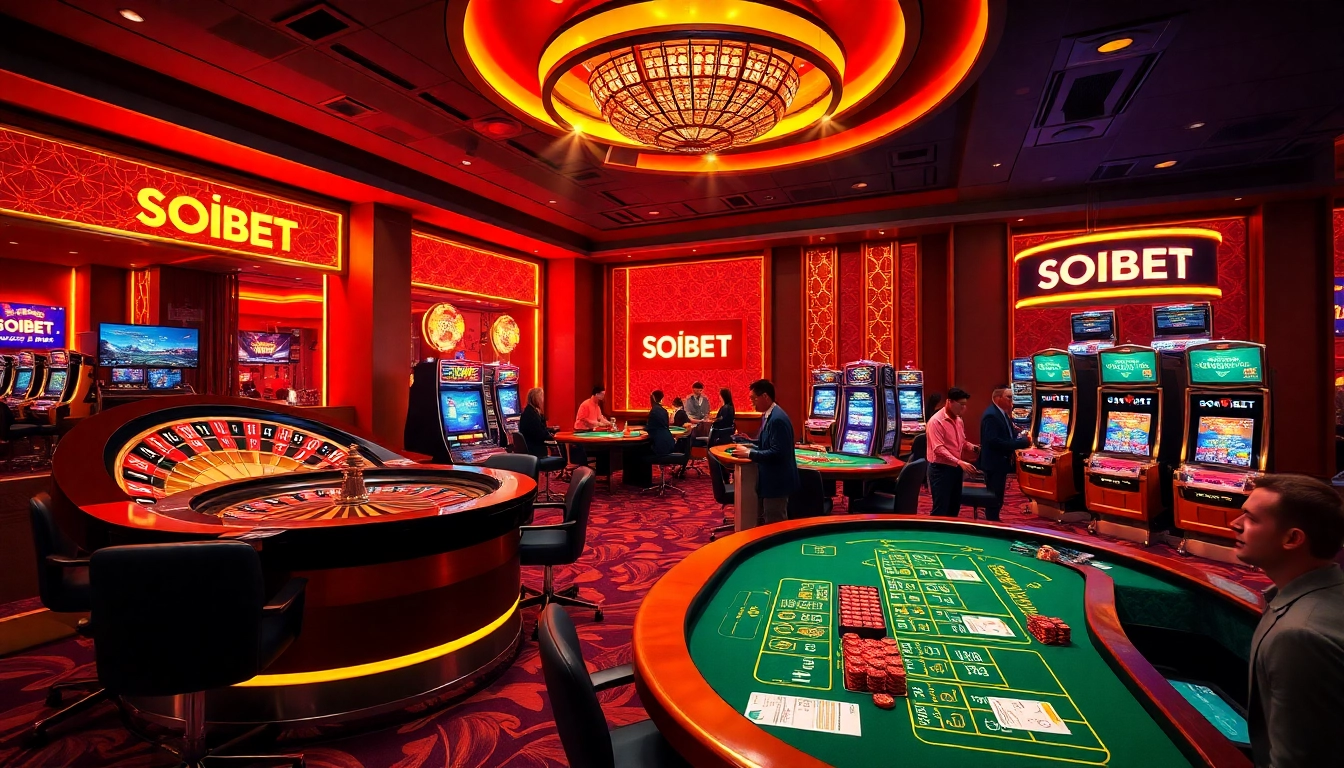 Players enjoying thrilling games at SOIBET casino with vibrant slot machines and roulette tables.