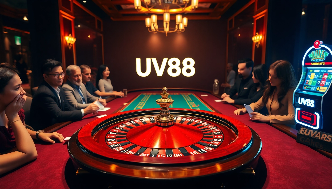 Players enjoy thrilling roulette action at UU88 casino with vibrant chips and cards.
