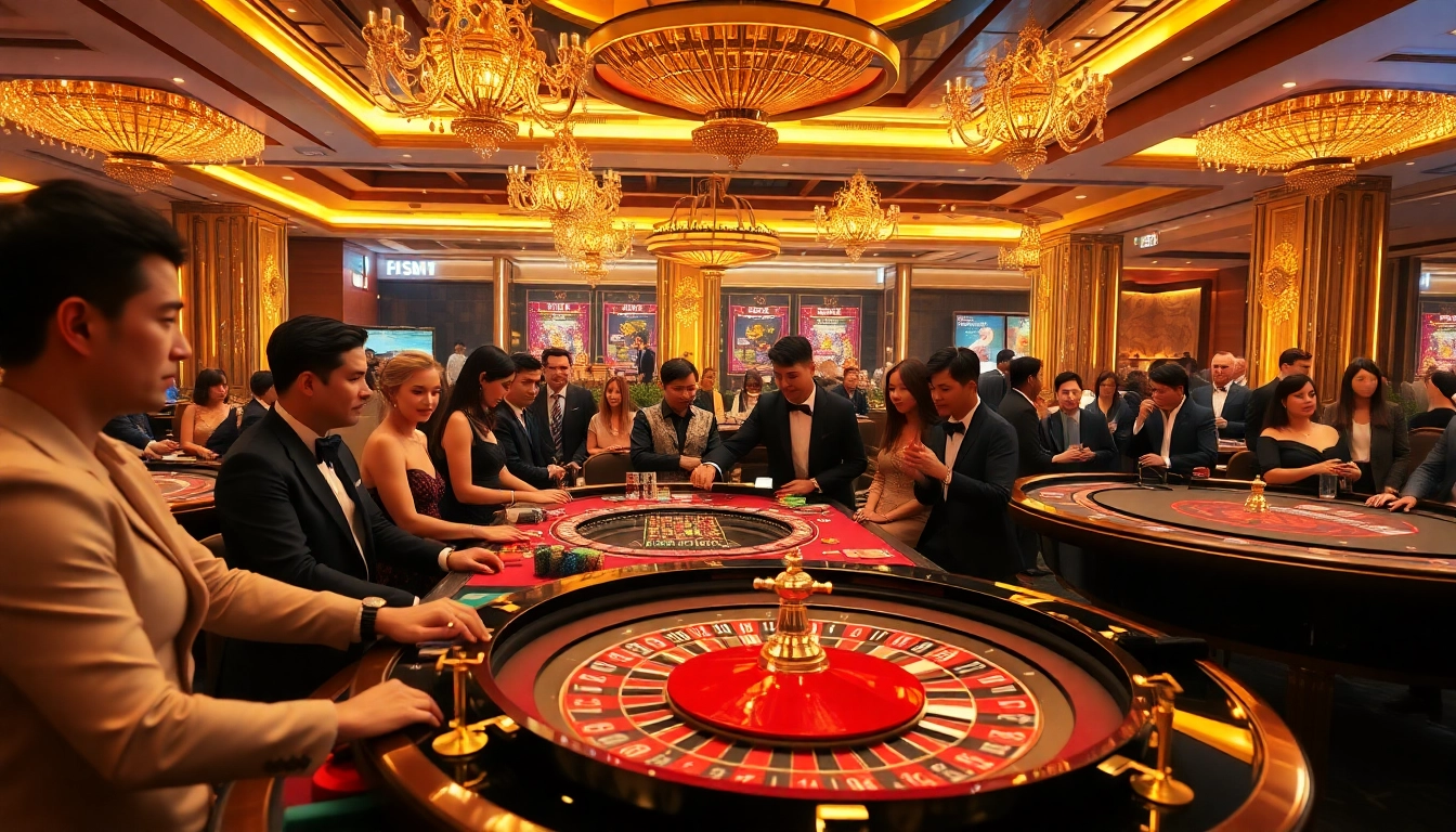 Players enjoying a high-stakes game at LIÊN MINH KJC casino, showcasing vibrant lights and a rich atmosphere.