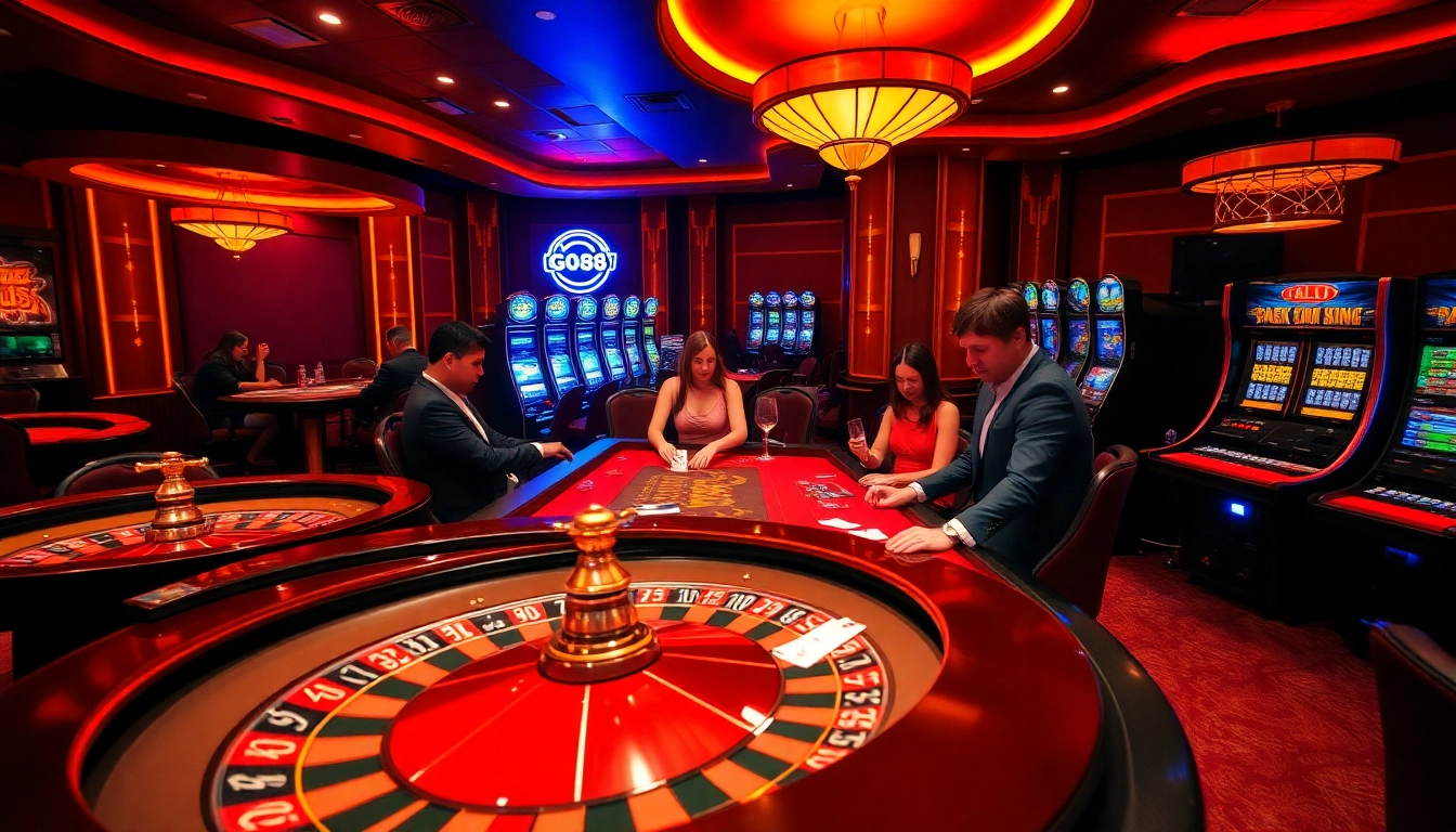 An engaging casino scene showcasing players at https://go88hv.com/ enjoying roulette and poker for an exciting experience.