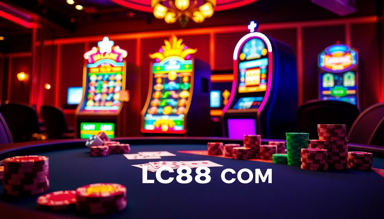 Experience the excitement of LC88 COM with vibrant casino elements, including poker chips and slot machines.