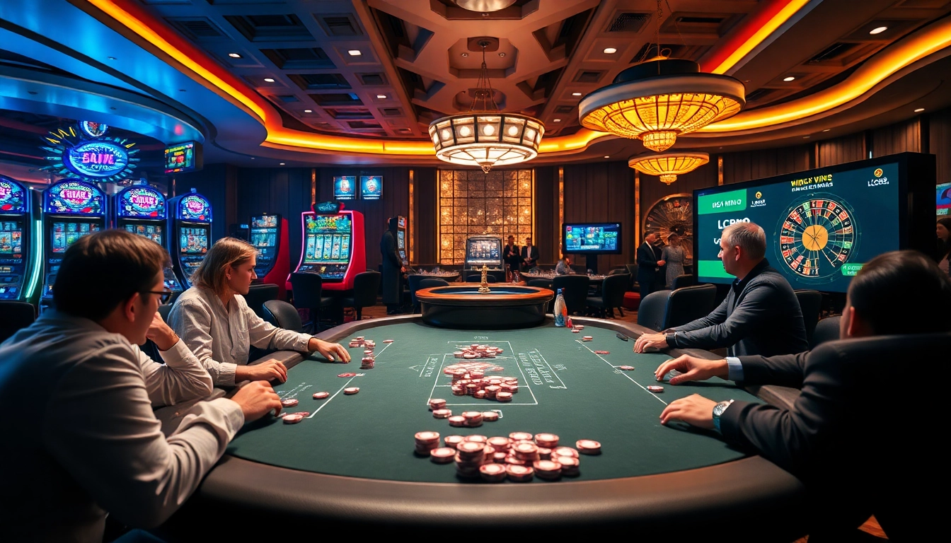 Experience the thrill of gambling with lc88 in a luxurious casino setting featuring poker tables and slot machines.