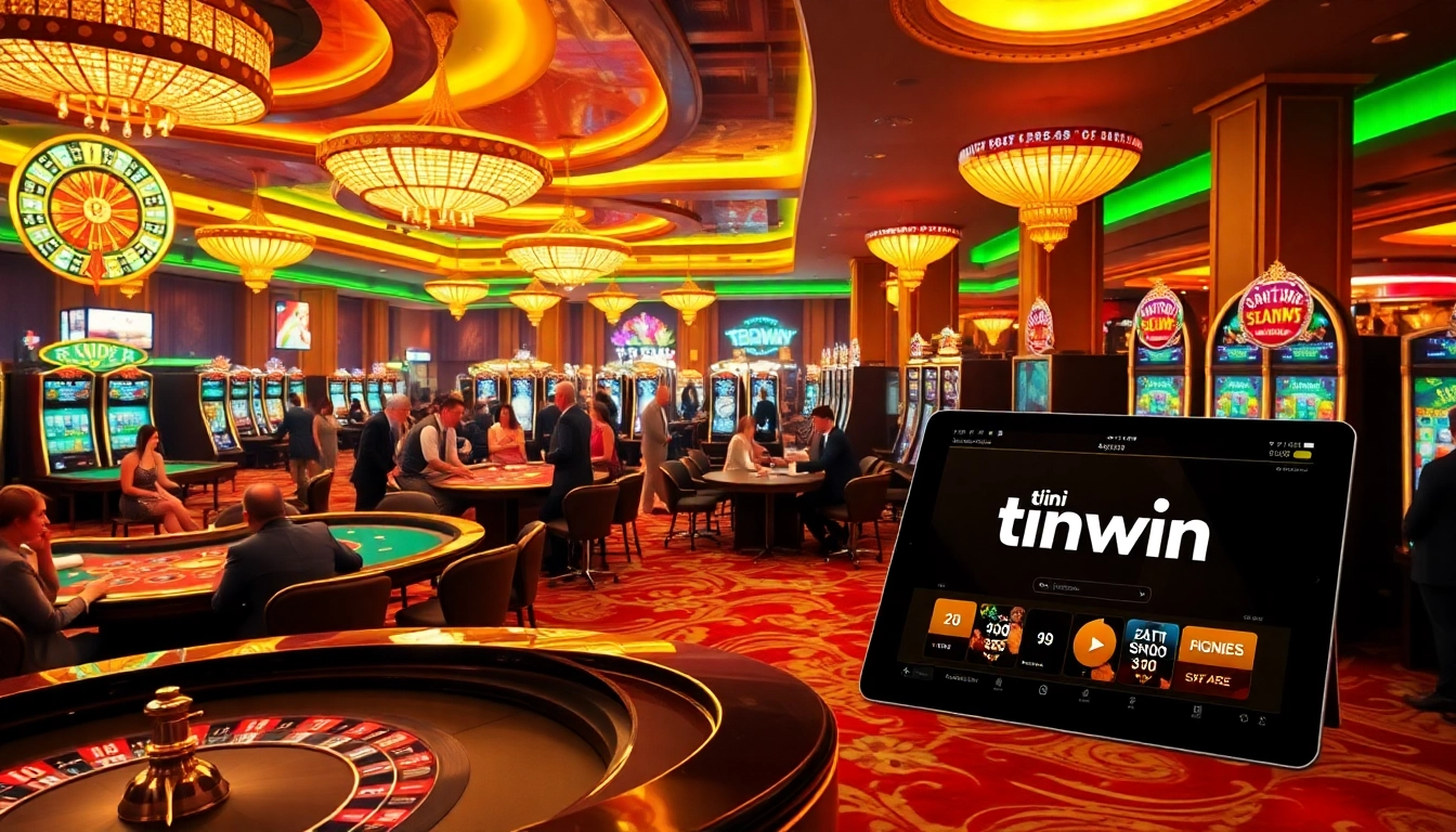Exciting casino scene showcasing players enjoying games while tải sunwin on a tablet, embodying luxury and thrill.
