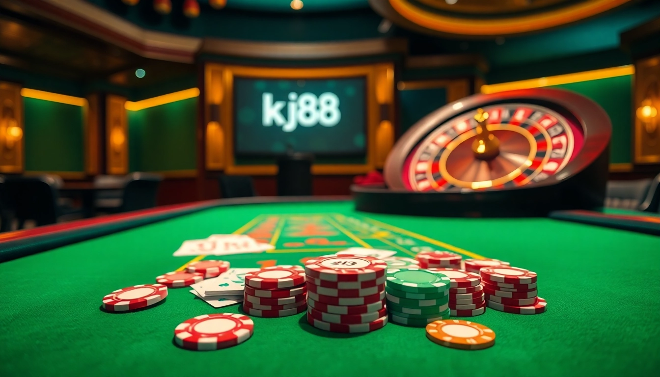 Engaging players at the kjc xx88 casino table with vibrant chips and cards.