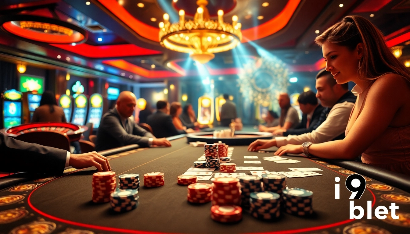 Enthusiastic players at an i9 bet poker table surrounded by vibrant casino elements, embodying excitement.